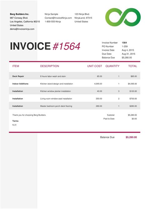 invoice template for web design services